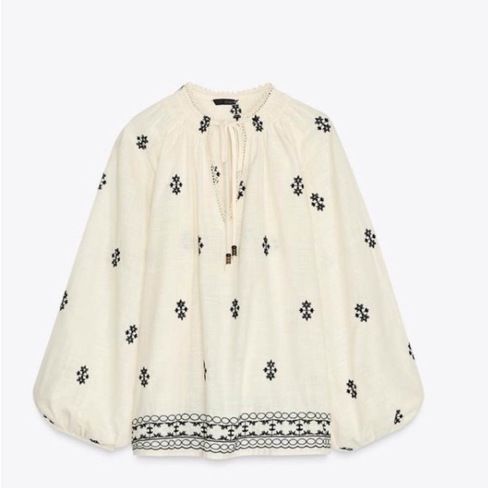 Zara Ivory Blouse with Black Embroidery